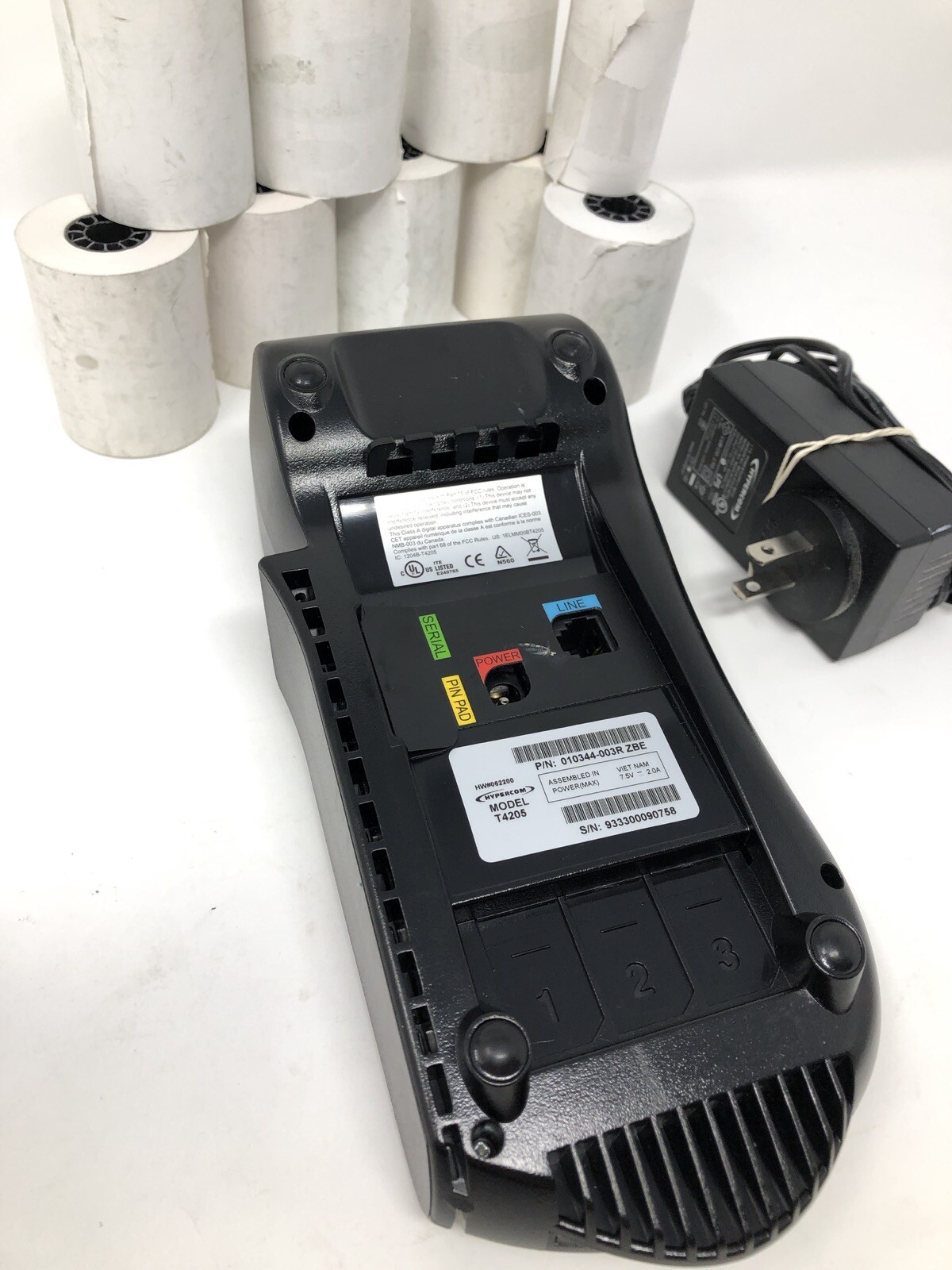 Hypercom Model T4205 Credit Card Process Machine w/Power Adapter & 8 Rolls Paper
