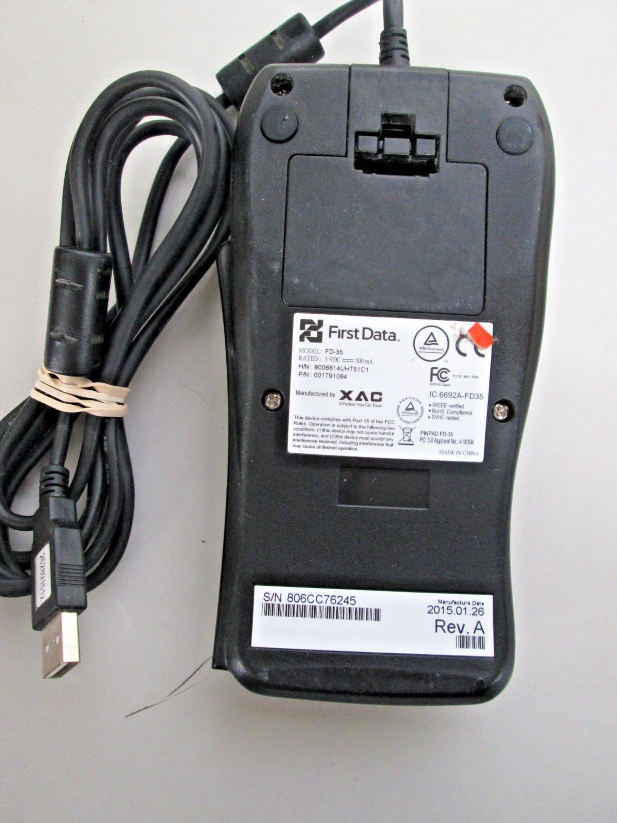 XAC FIRST DATA FD-35 PIN PAD PCI 3.0 RATED 5 VDC 2015 CREDIT/DEBIT CARD READER