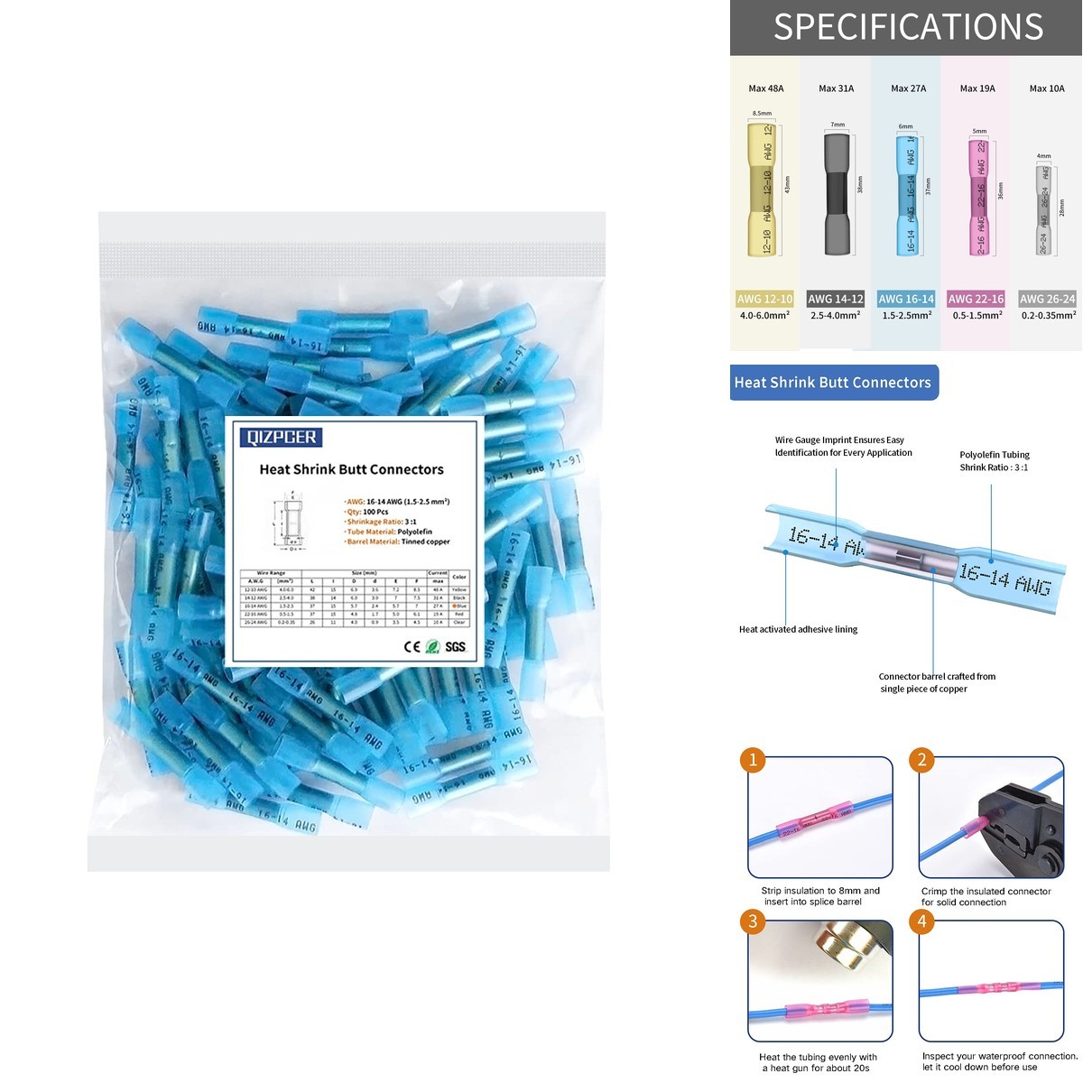 Qizpcer Heat Shrink Butt Connectors, 16-14 AWG 100Pcs Blue Waterproof