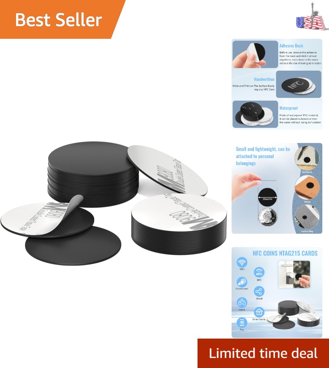 Waterproof 10 pcs Black NFC Tags with Adhesive, Compatible with TagMo Devices