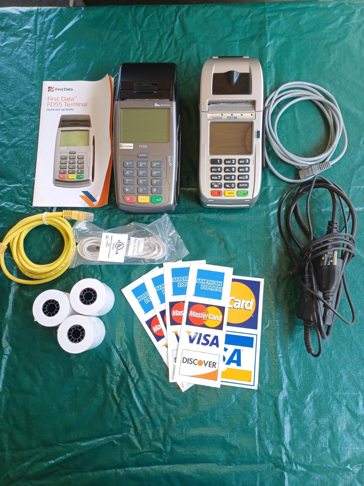 Lot Of 2 First Data credit card terminals FD55 and FD130 with 3 paper rolls