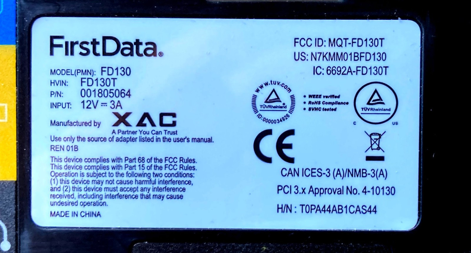 First Data FD130 EMV NFC Wired Credit Card Terminal HD130T