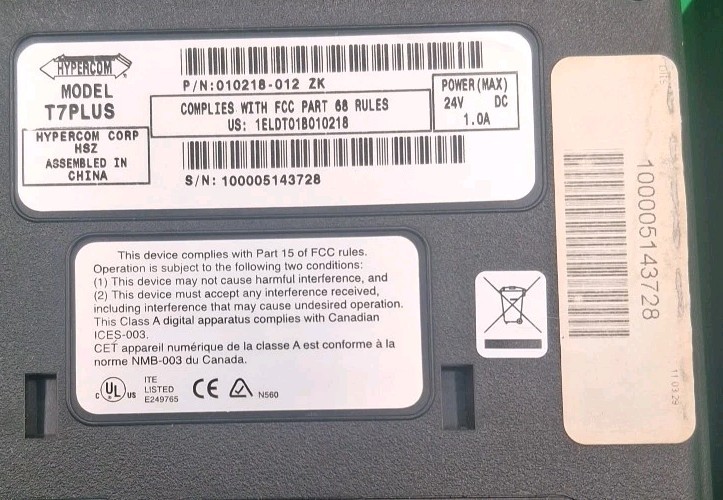HYPERCOM T7Plus Credit Card Reader Terminal W/ Paper/Power Supply 010218-012 ZK