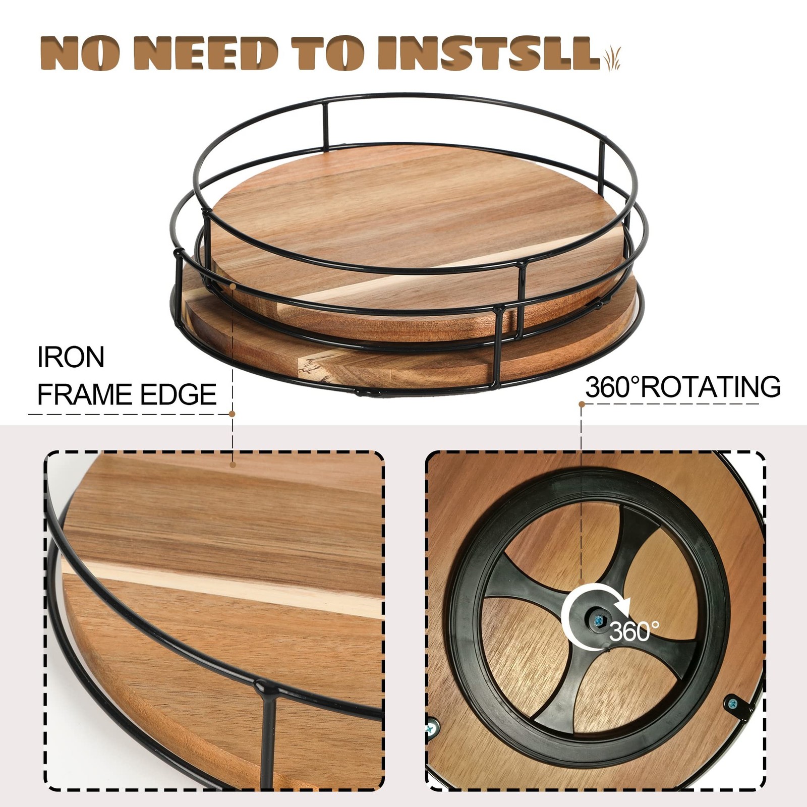 [ 2 Pack ] 9″ & 10″ Acacia Wood Lazy Susan Organizers with Steel Sides 9″ & 10″