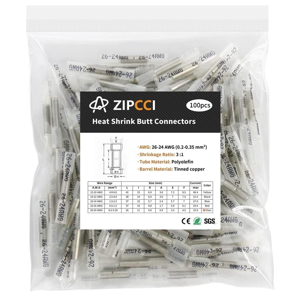 100x White 26-24 AWG Heat Shrink Butt Connectors Insulated Waterproof Crimp Term