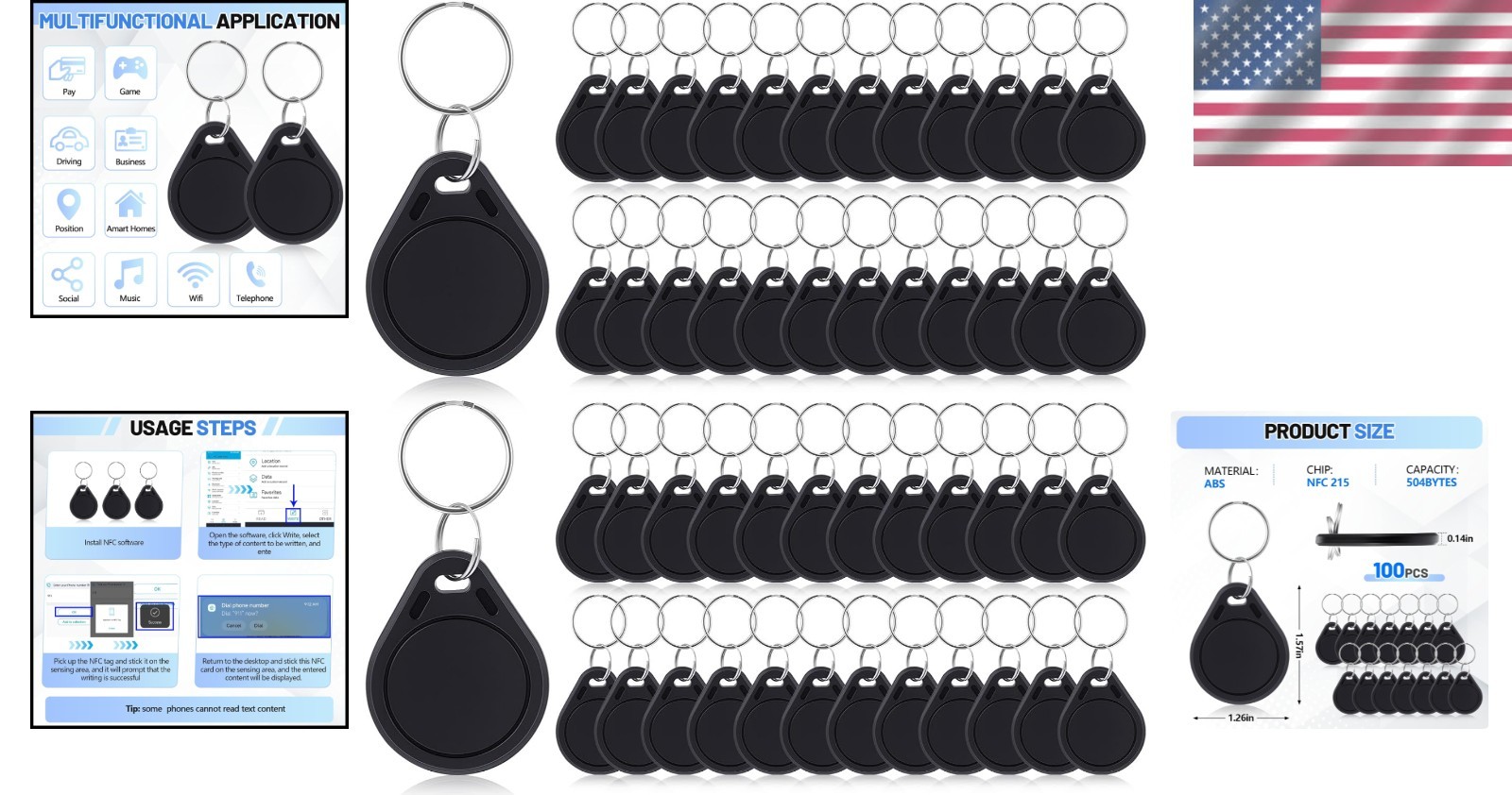 100 Pack NFC Tags Keychain Business Card Programmable