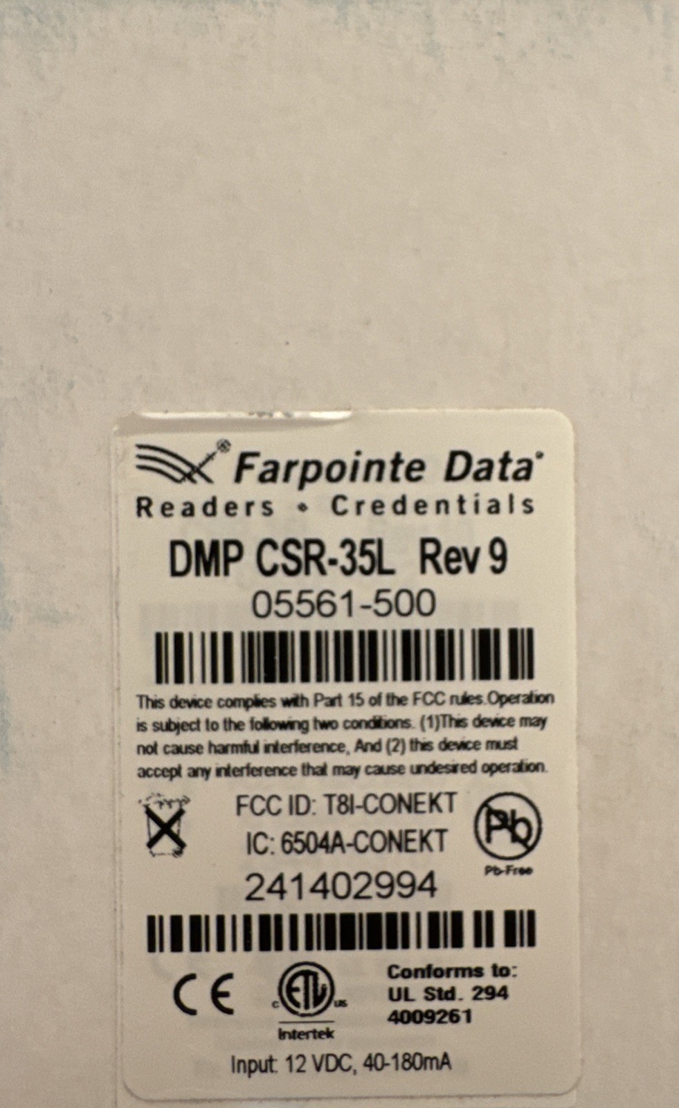 DMP Farpointe CSR-35L Proximity Card Reader – Black – Rev 8 –