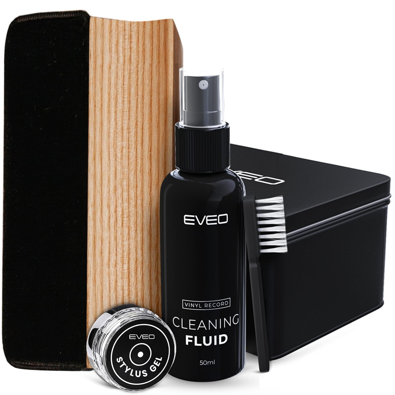 EVEO Vinyl Record Cleaning Kit – 4-in-1 Premium 4 Piece Set, Black