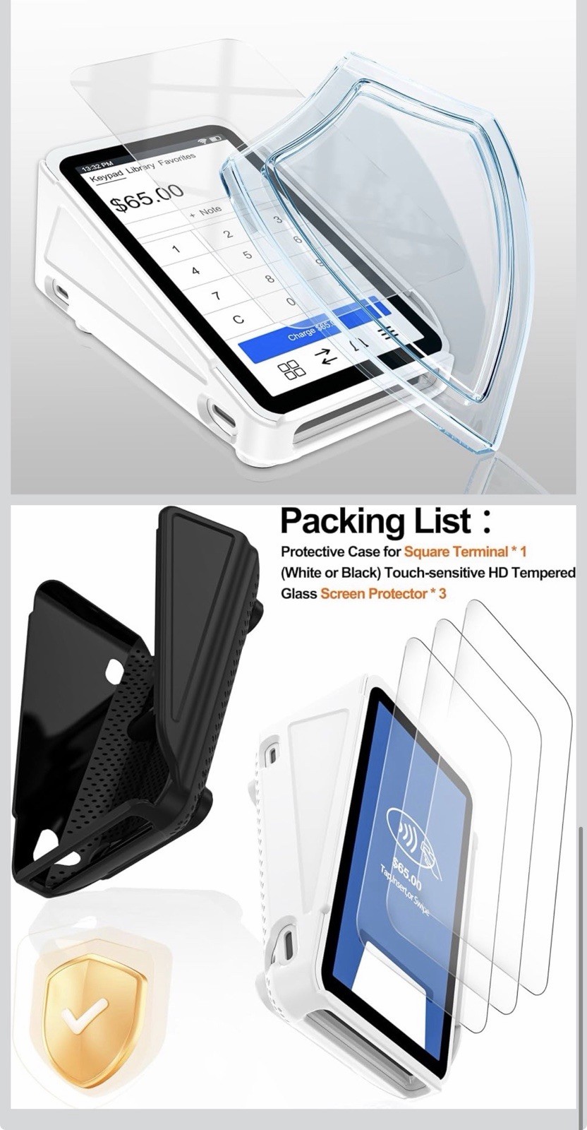 Bumper Case for Square Terminal Payment Reader White W 3 Screen Protector Glass