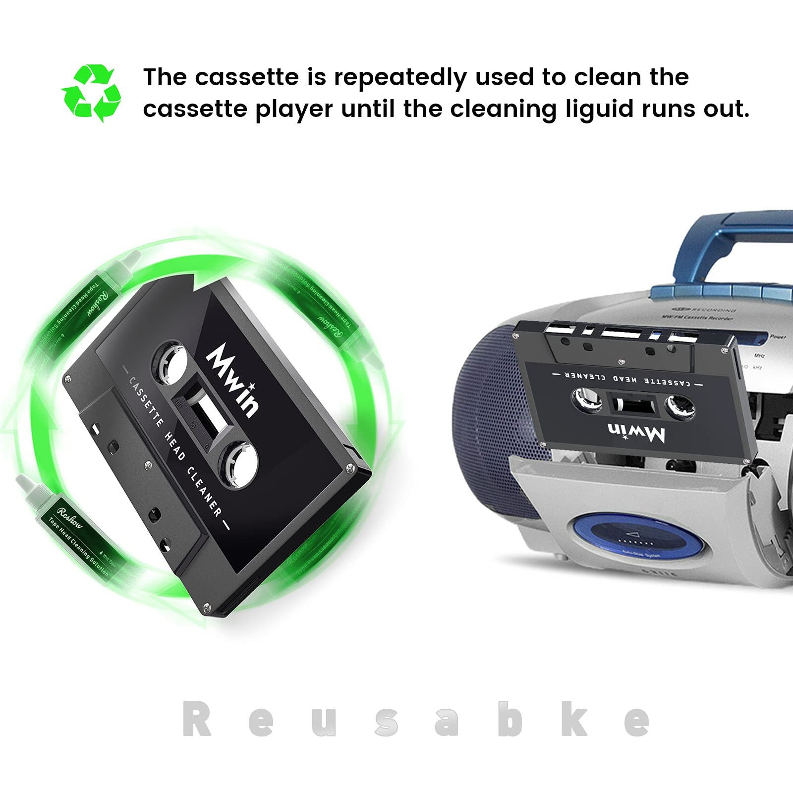 Mwin Audio Cassette Head Cleaner Tape w/ 1 Cleaning Fluids Care Wet…