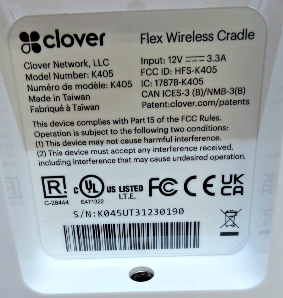 Clover Flex 3 Handheld POS System/C405 + Wireless Cradle K405