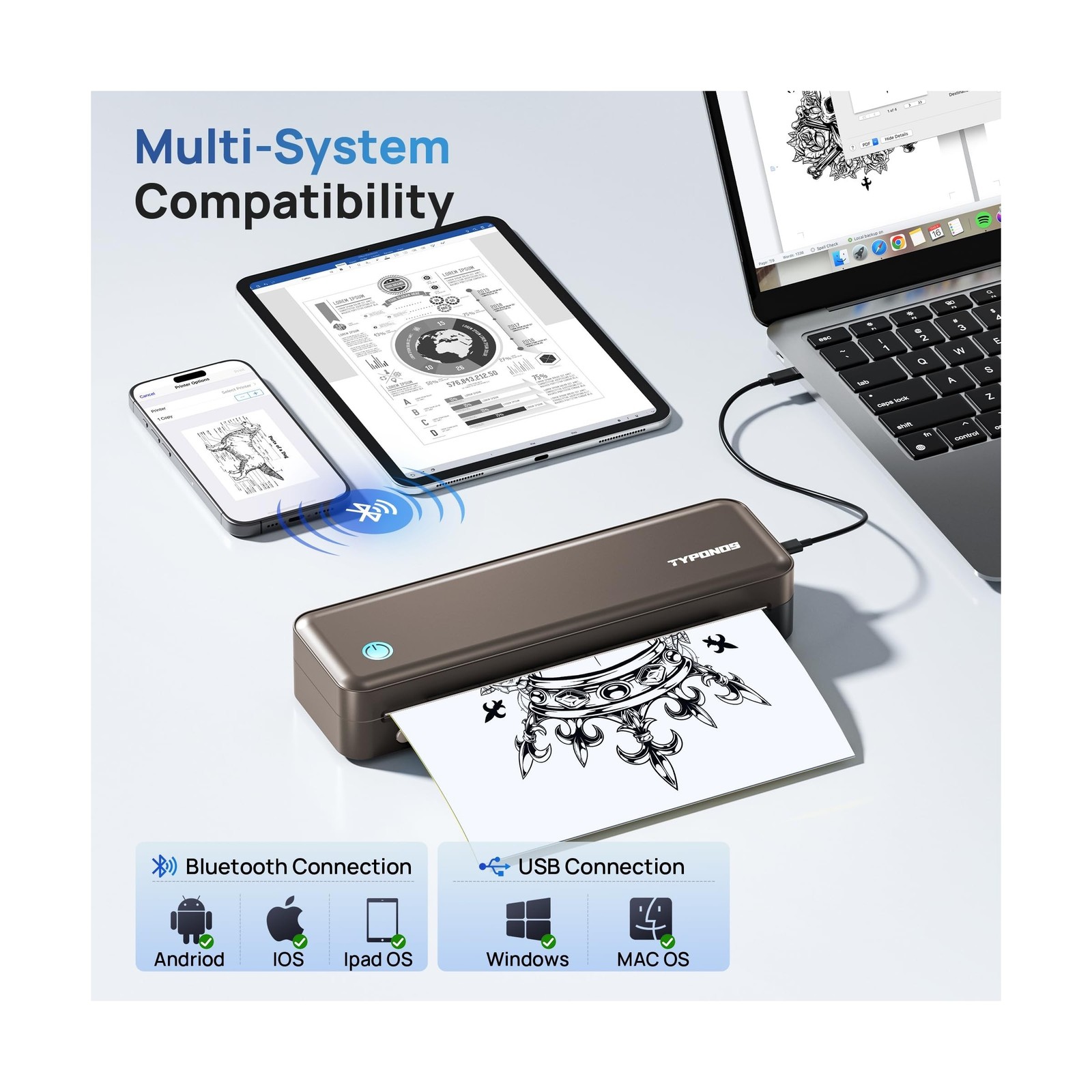 Portable Printers Wireless for Travel, D820 Thermal Inkless Printer Support S…