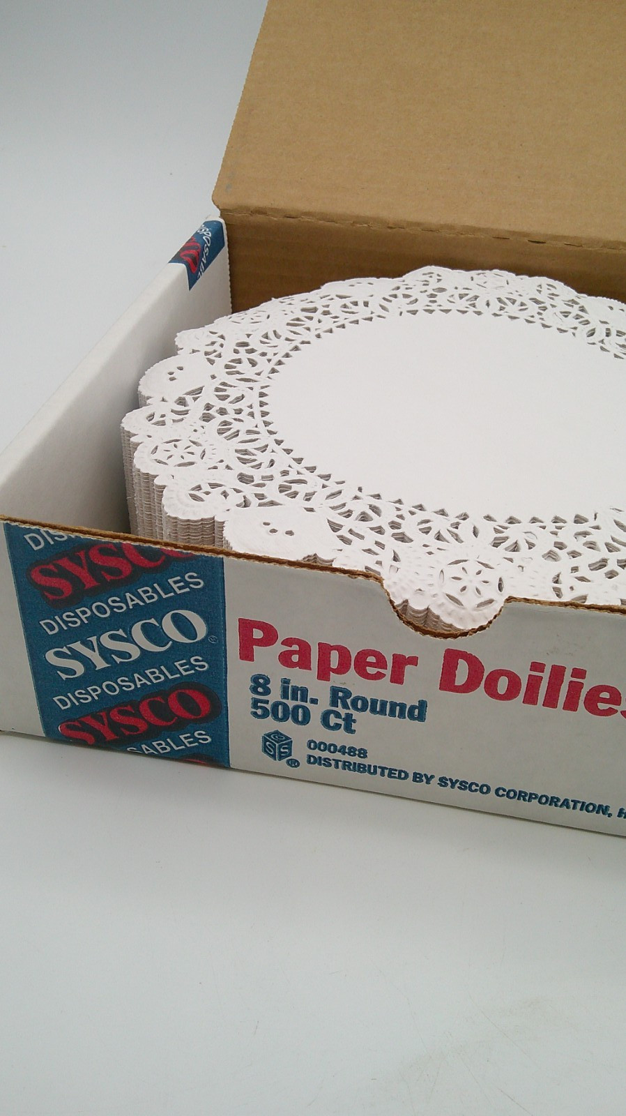 Sysco White Paper Lace Doilies 8 in. Round (500? Count) Opened Box