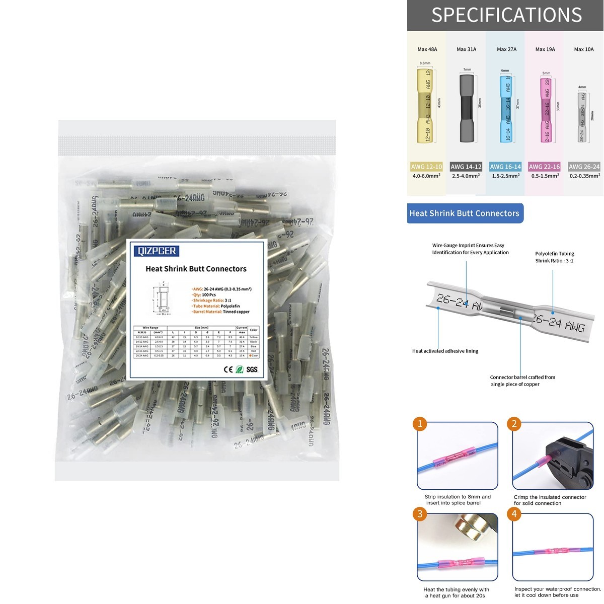 Qizpcer Heat Shrink Butt Connectors, 26-24 AWG 100 Pcs Clear Marine Grade