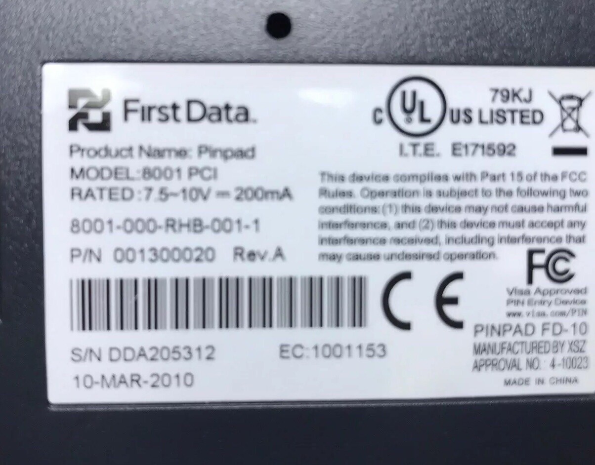 FIRST DATA FD-10C Pin Pad Card Reader POS Terminal 8001-pci