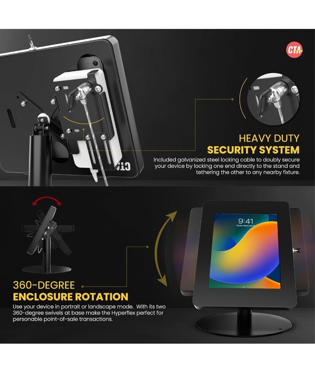 Premium iPad POS Stand 360 Degree Rotation Anti-Theft Lock CTA PAD-HSKSBL