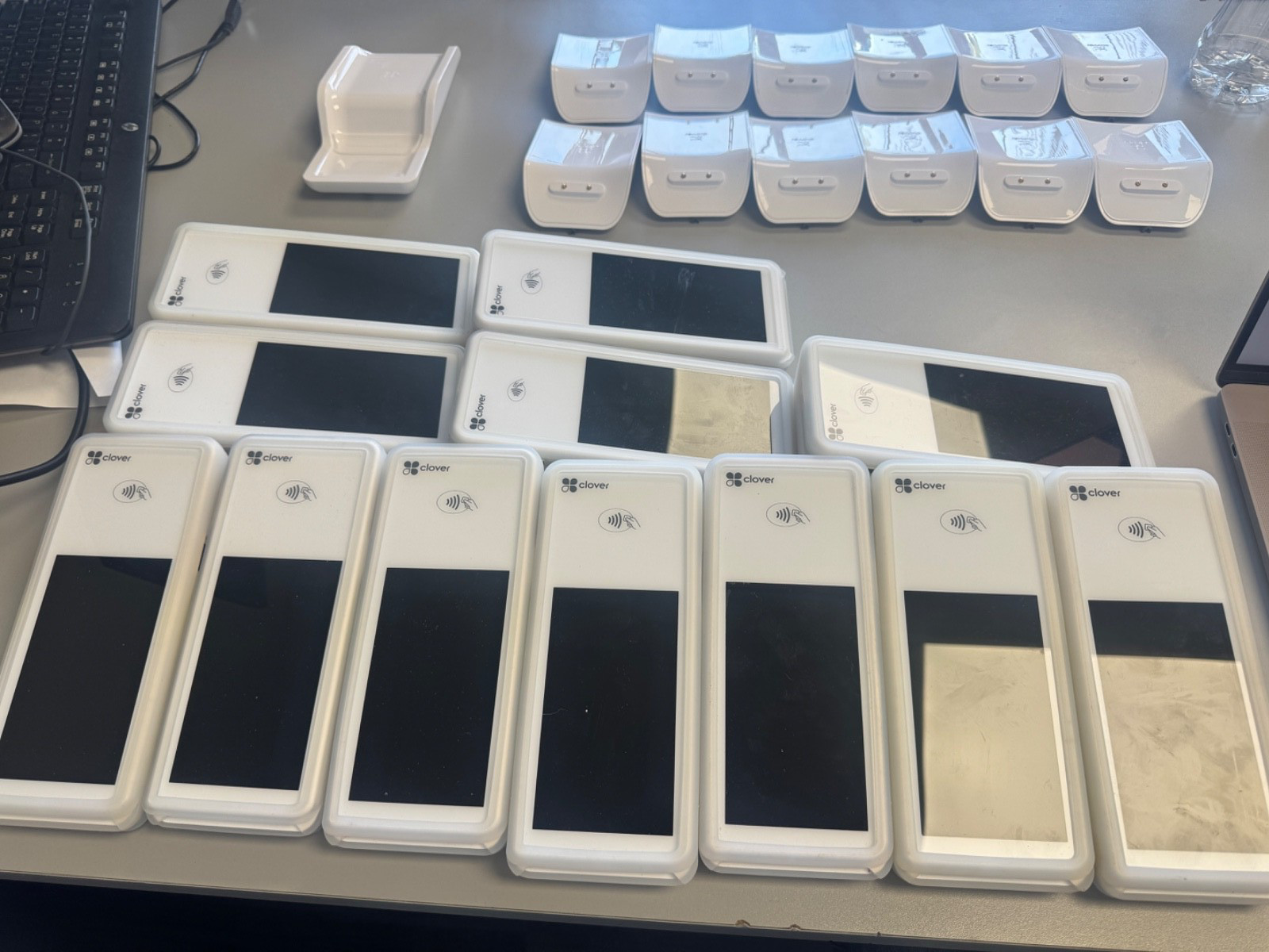 Lot of 12 Clover Flex POS Handheld Terminal Model C403 + Docks & Chargers