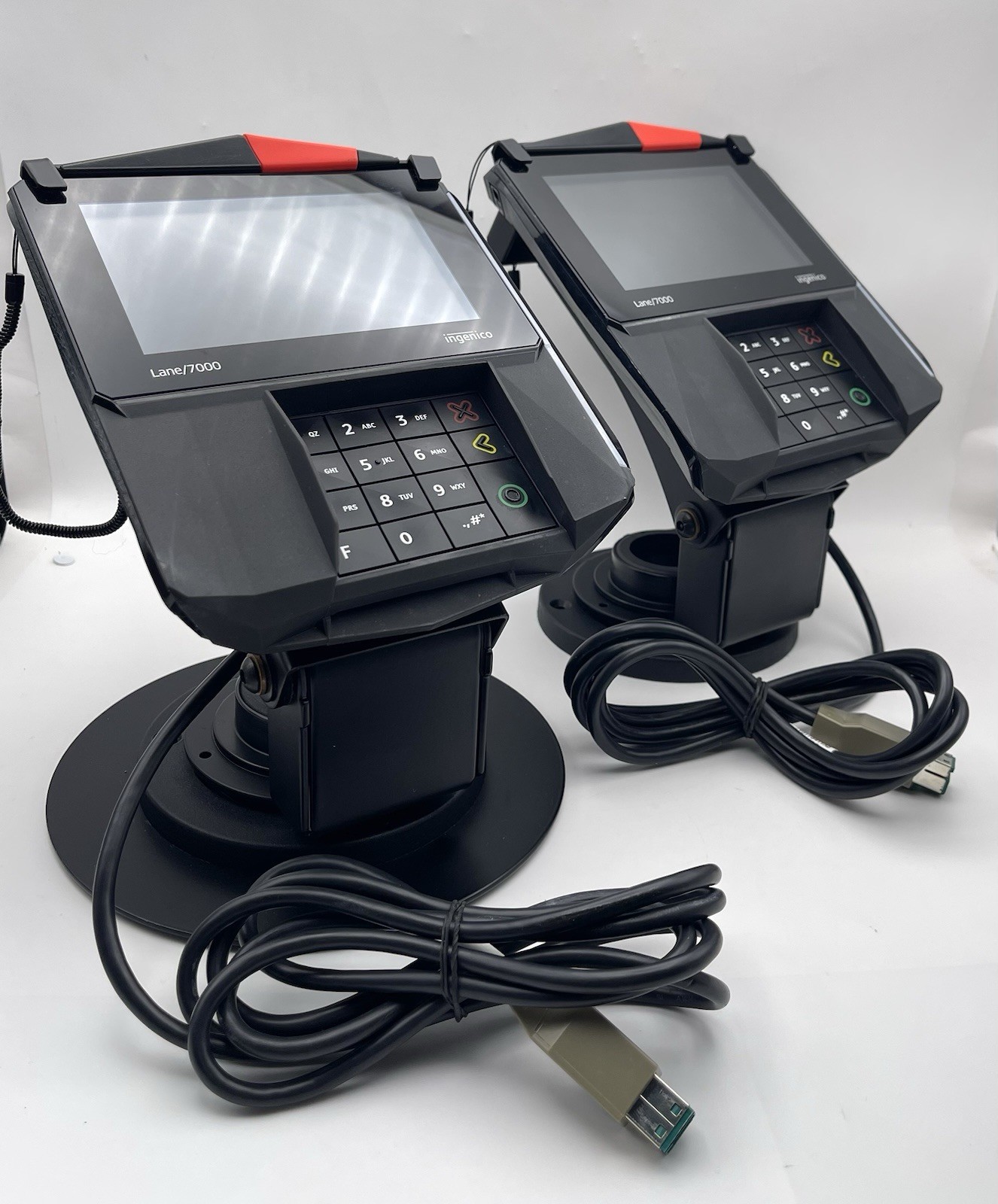 LOT OF 2 INGENICO LANE 7000 PRG30312951R CREDIT CARD TERMINAL w/ 12V USB & STAND