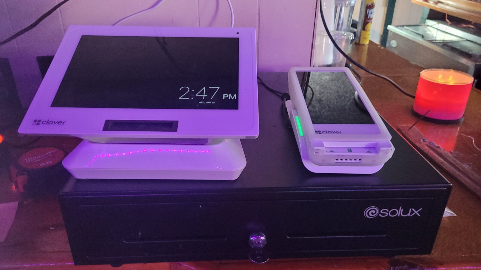 clover pos system, mini, flex, cash drawer and kds
