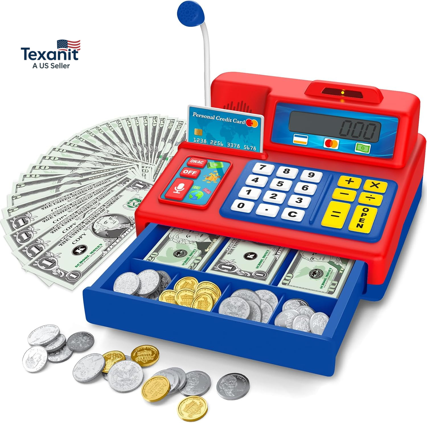 Calculator Cash Register – 103 Pcs Toy Cash Register, Microphone, Credit Card an